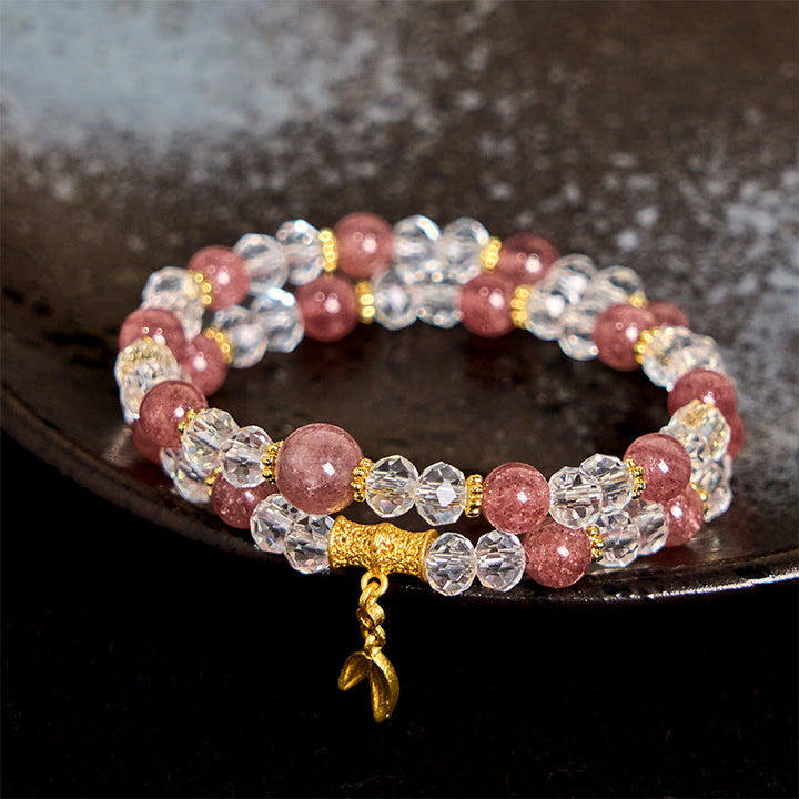 Buddha Stones天然ストロベリークォーツ クリスタル バンブー ポジティブ ダブルラップブレスレット