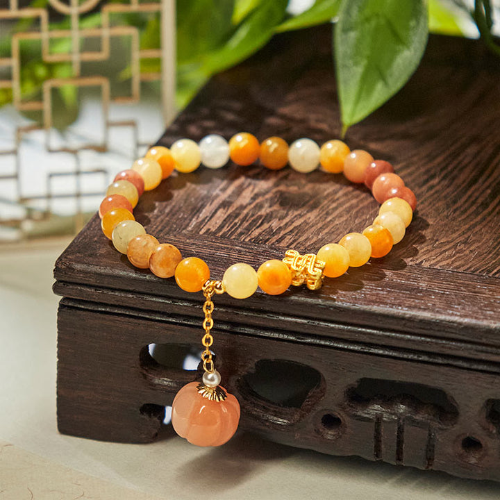 Buddha Stones、黄金のシルク翡翠、中国結び、かぼちゃの富のブレスレット