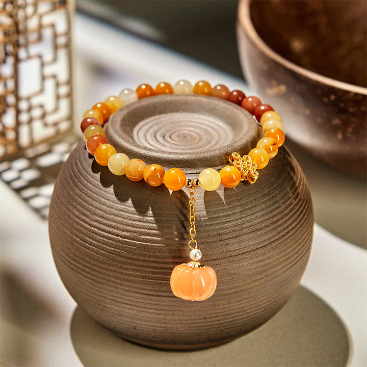 Buddha Stones、黄金のシルク翡翠、中国結び、かぼちゃの富のブレスレット