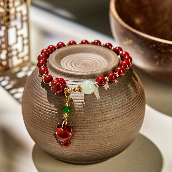 Buddha Stones辰砂 蓮 かわいいキツネ チャーム 祝福ブレスレット