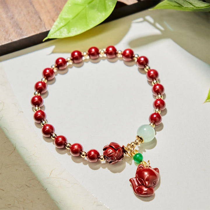 Buddha Stones辰砂 蓮 かわいいキツネ チャーム 祝福ブレスレット