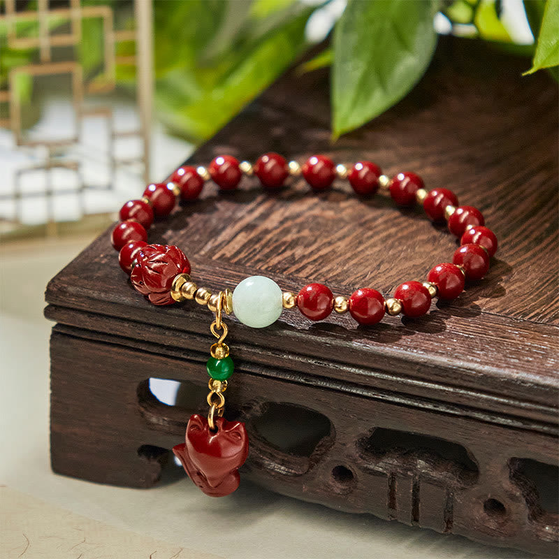 Buddha Stones辰砂 蓮 かわいいキツネ チャーム 祝福ブレスレット