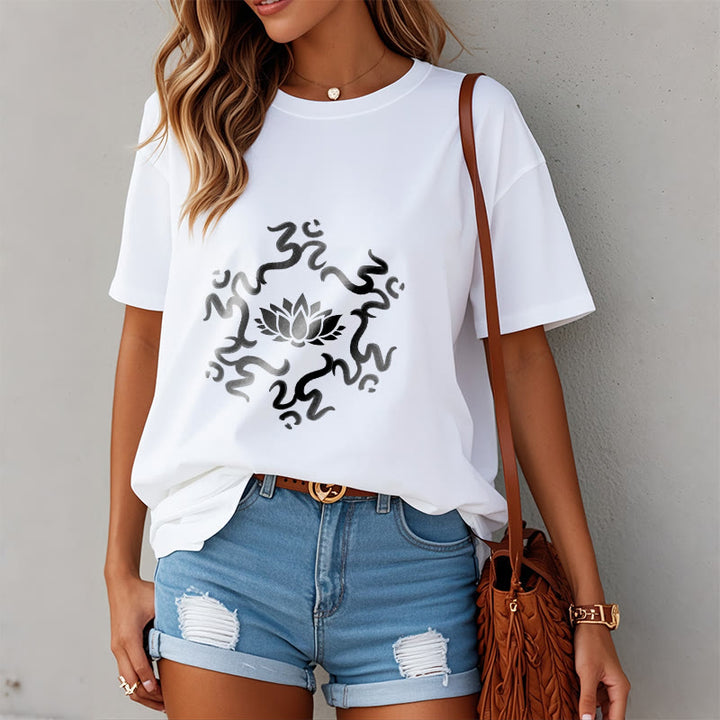 Buddha StonesOMシンボル 蓮の花柄Tシャツ - image 9