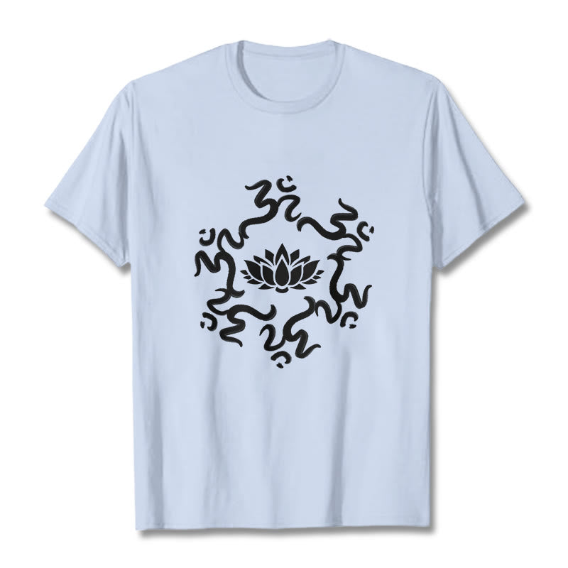 Buddha StonesOMシンボル 蓮の花柄Tシャツ - ライトシアン - 2XL - image 1