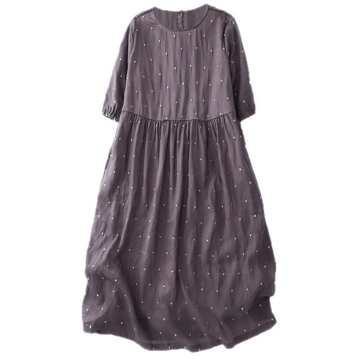 Buddha Stonesのバックボタン付きドット柄ハーフスリーブポリエステルミディドレス（ポケット付き） - image 3