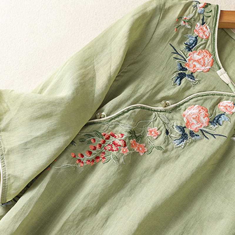 Buddha Stones刺繍フラワーヘムスリットデザイン半袖コットンリネン禅ミディドレス - image 3