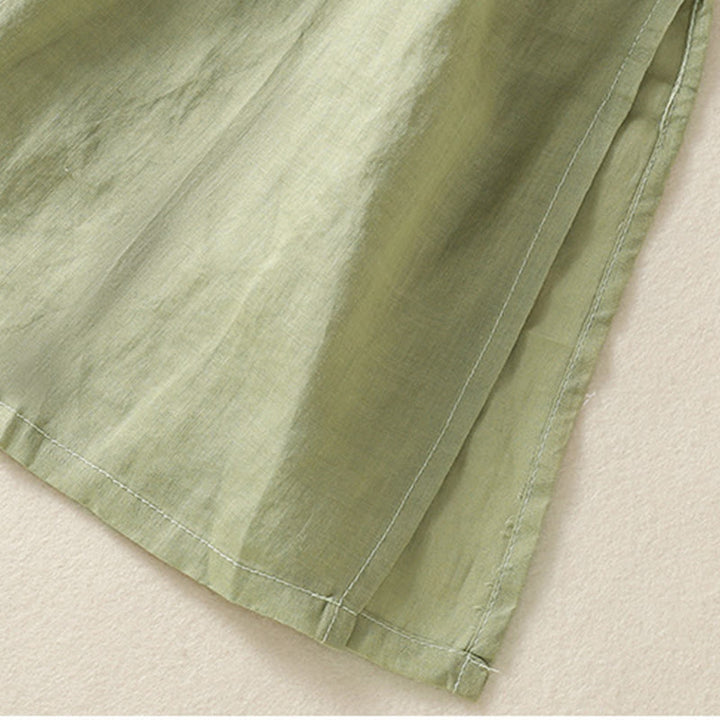 Buddha Stones刺繍フラワーヘムスリットデザイン半袖コットンリネン禅ミディドレス - image 4