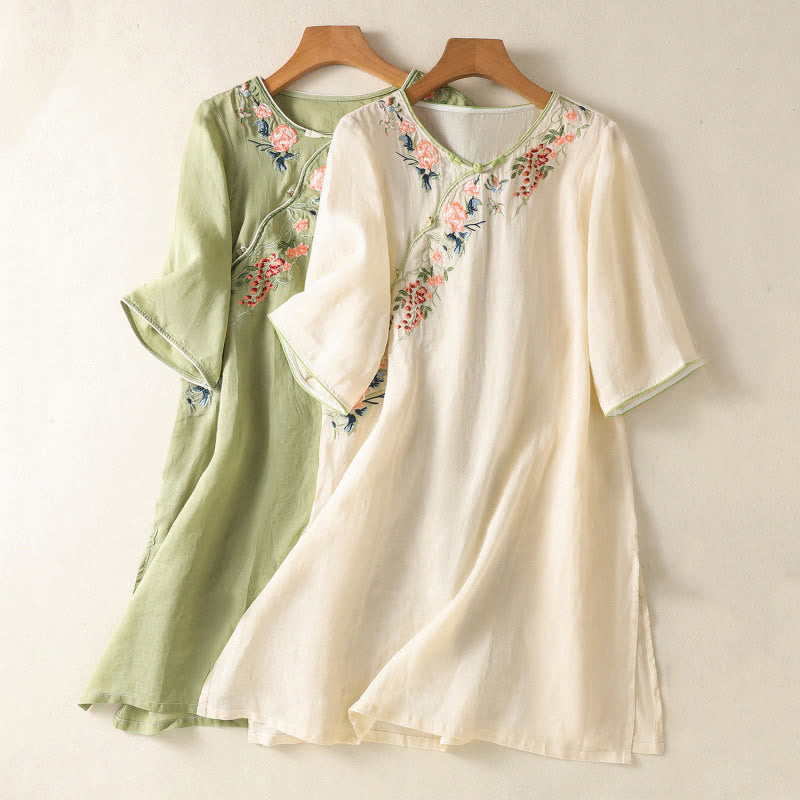 Buddha Stones刺繍フラワーヘムスリットデザイン半袖コットンリネン禅ミディドレス - image 16