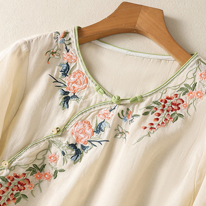 Buddha Stones刺繍フラワーヘムスリットデザイン半袖コットンリネン禅ミディドレス - image 8