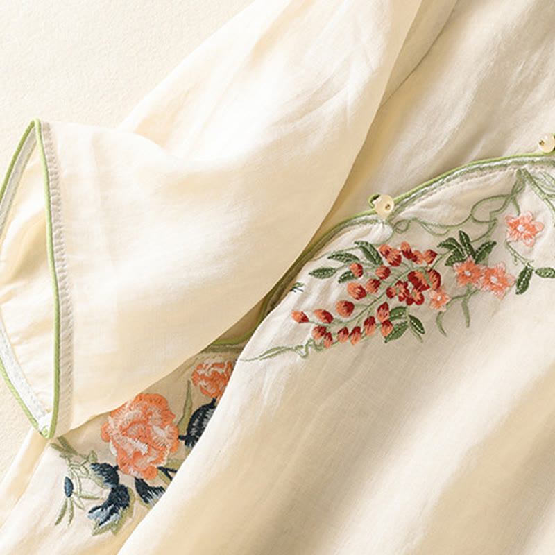 Buddha Stones刺繍フラワーヘムスリットデザイン半袖コットンリネン禅ミディドレス - image 12