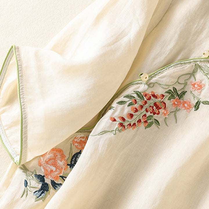 Buddha Stones刺繍フラワーヘムスリットデザイン半袖コットンリネン禅ミディドレス - image 12