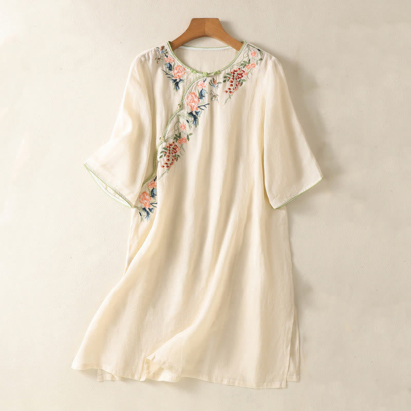 Buddha Stones刺繍フラワーヘムスリットデザイン半袖コットンリネン禅ミディドレス - ベージュ - US8-10，UK/AU12-14，EU40-42 (2XL) - image 6