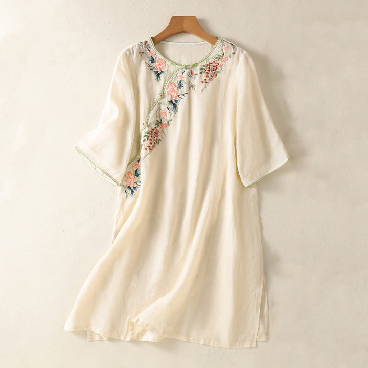 Buddha Stones刺繍フラワーヘムスリットデザイン半袖コットンリネン禅ミディドレス - ベージュ - US8-10，UK/AU12-14，EU40-42 (2XL) - image 6