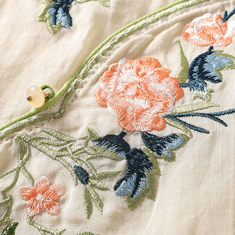 Buddha Stones刺繍フラワーヘムスリットデザイン半袖コットンリネン禅ミディドレス - image 11