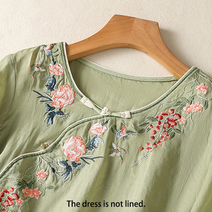 Buddha Stones刺繍フラワーヘムスリットデザイン半袖コットンリネン禅ミディドレス - image 1