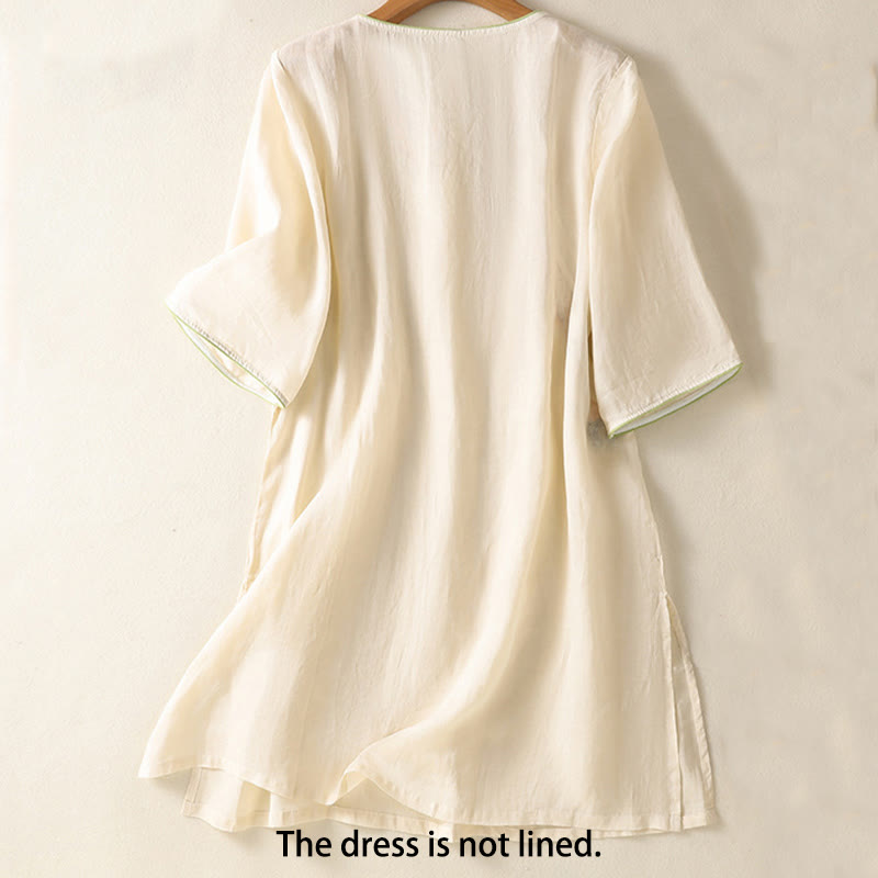 Buddha Stones刺繍フラワーヘムスリットデザイン半袖コットンリネン禅ミディドレス - image 7