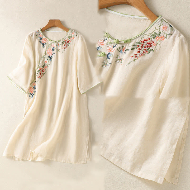 Buddha Stones刺繍フラワーヘムスリットデザイン半袖コットンリネン禅ミディドレス - image 15