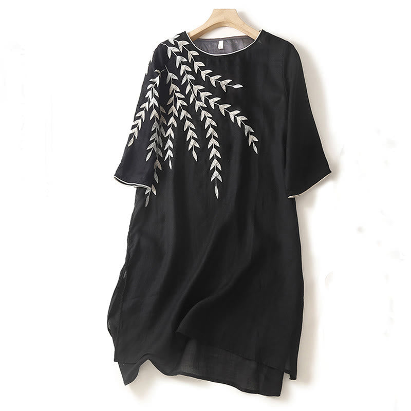 Buddha Stonesカジュアル 刺繍 スプリット 七分袖 コットンリネン ミディドレス - 黒 - US8-10，UK/AU12-14，EU40-42 (2XL) - image 1