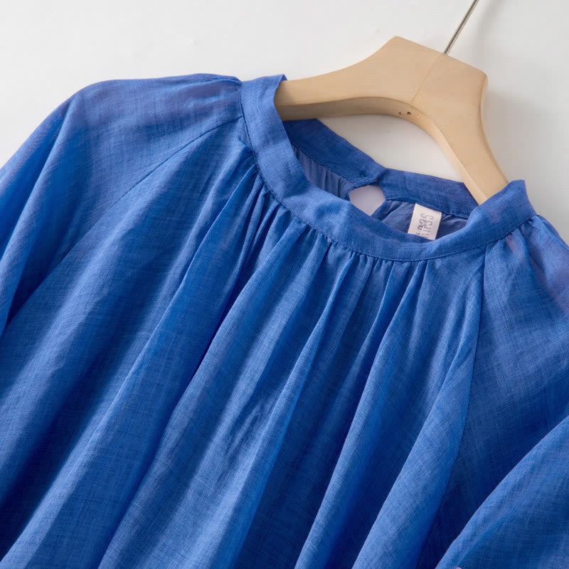 Buddha Stonesプレーン ドローストリング 七分袖 パフスリーブ コットンリネン ミディドレス ポケット付き - image 3