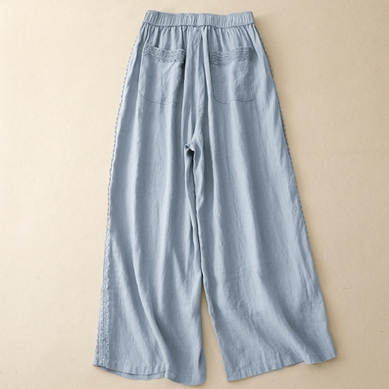 Buddha Stones無地 レースステッチ コットンリネン レディース ワイドレッグパンツ ポケット付き - image 2