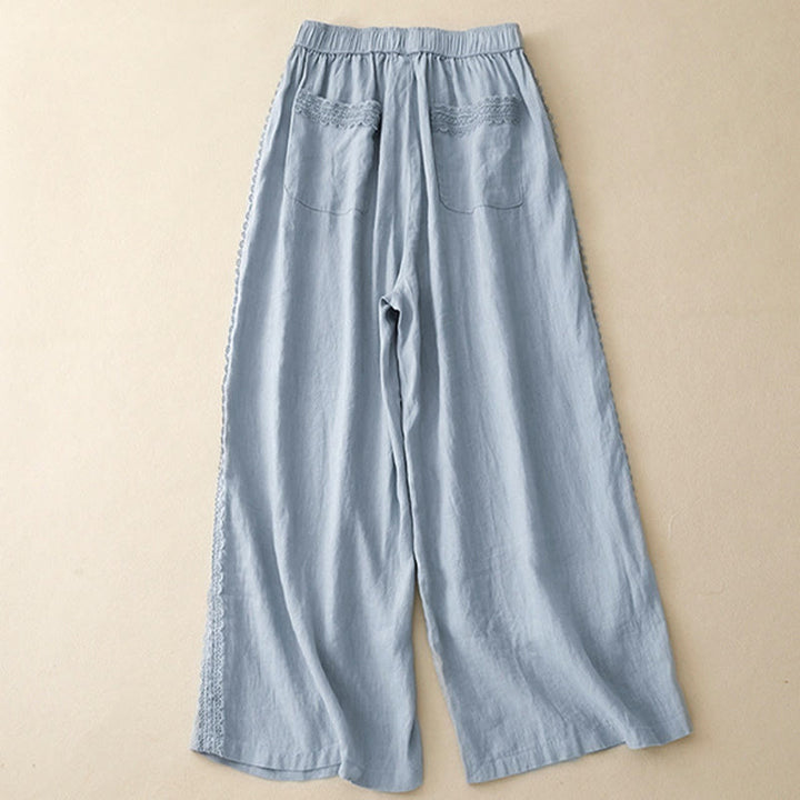Buddha Stones無地 レースステッチ コットンリネン レディース ワイドレッグパンツ ポケット付き - image 2