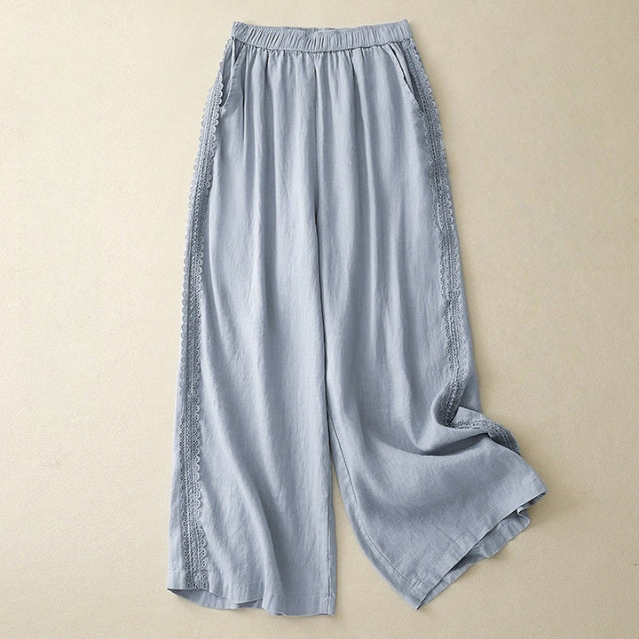 Buddha Stones無地 レースステッチ コットンリネン レディース ワイドレッグパンツ ポケット付き - ライトスカイブルー - US8-10，UK/AU12-14，EU40-42 (2XL) - image 1