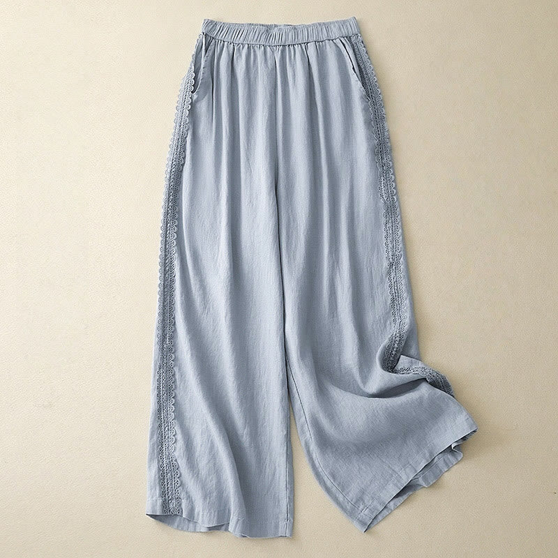 Buddha Stones無地 レースステッチ コットンリネン レディース ワイドレッグパンツ ポケット付き - ライトスカイブルー - US8-10，UK/AU12-14，EU40-42 (2XL) - image 0