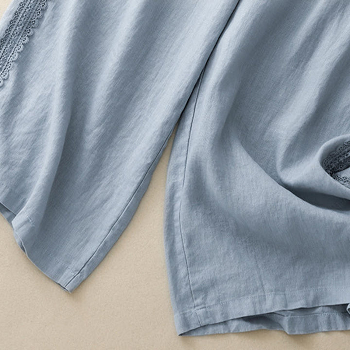 Buddha Stones無地 レースステッチ コットンリネン レディース ワイドレッグパンツ ポケット付き - image 2