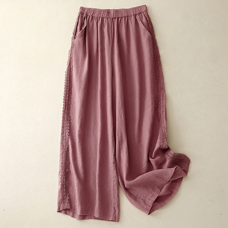 Buddha Stones無地 レースステッチ コットンリネン レディース ワイドレッグパンツ ポケット付き - 淡い紫がかった赤 - US8-10，UK/AU12-14，EU40-42 (2XL) - image 13