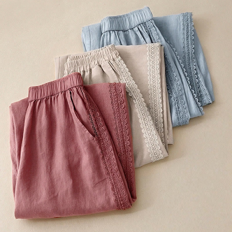 Buddha Stones無地 レースステッチ コットンリネン レディース ワイドレッグパンツ ポケット付き - image 19