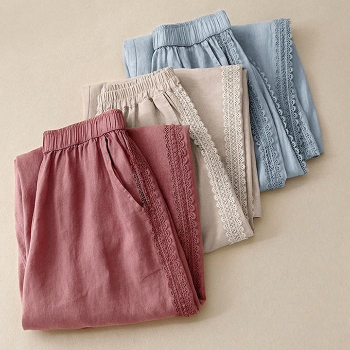 Buddha Stones無地 レースステッチ コットンリネン レディース ワイドレッグパンツ ポケット付き - image 19