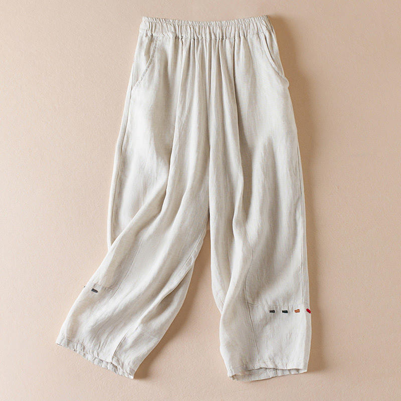 Buddha Stonesカラー糸7-8丈レディースハーレムコットンリネンパンツ（ポケット付き） - ベージュ - US12、 UK/AU16、 EU44 (3XL) - image 0