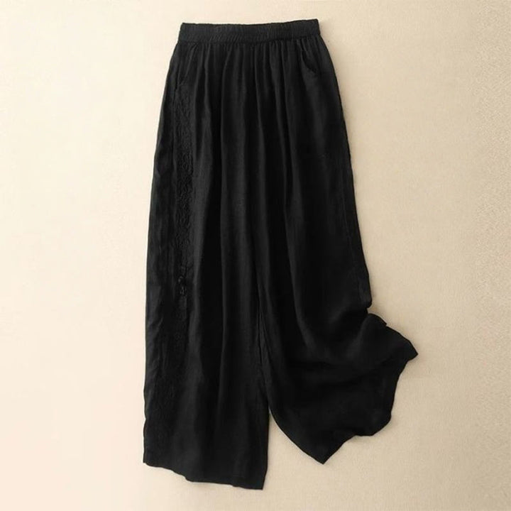 Buddha Stonesサイド刺繍デザインコットンレディース7-8丈ワイドレッグパンツ（ポケット付き） - 黒 - US12、 UK/AU16、 EU44 (3XL) - image 14