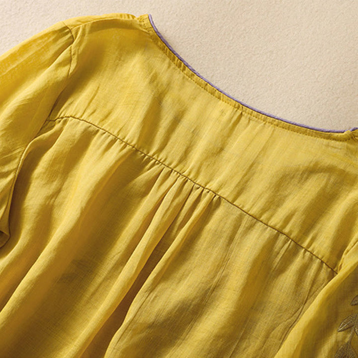 Buddha Stones刺繍の葉柄レディースコットンリネン半袖Tシャツ - image 5