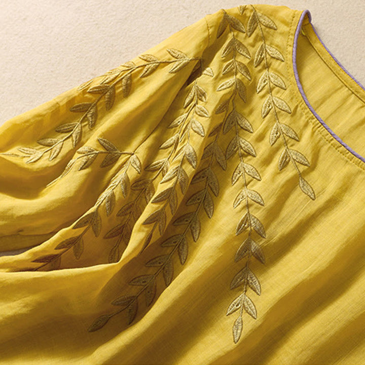 Buddha Stones刺繍の葉柄レディースコットンリネン半袖Tシャツ - image 2