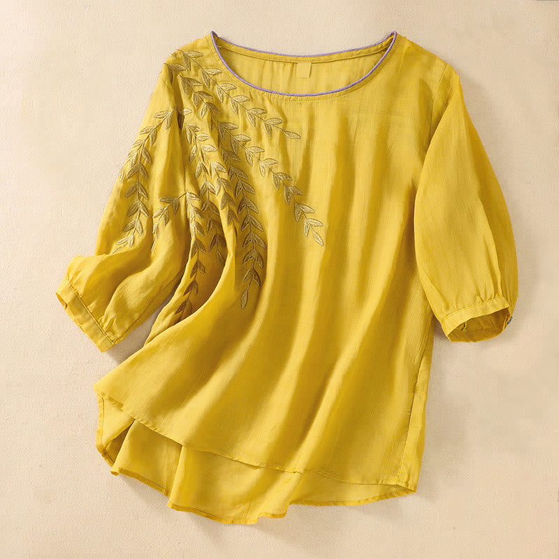 Buddha Stones刺繍の葉柄レディースコットンリネン半袖Tシャツ - 金 - US8-10，UK/AU12-14，EU40-42 (2XL) - image 0