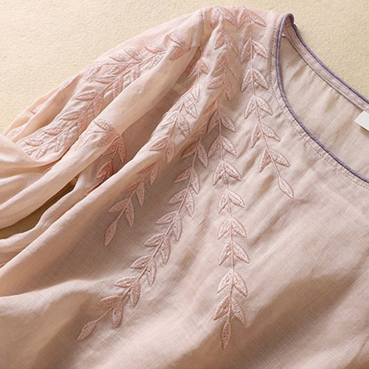 Buddha Stones刺繍の葉柄レディースコットンリネン半袖Tシャツ - image 13