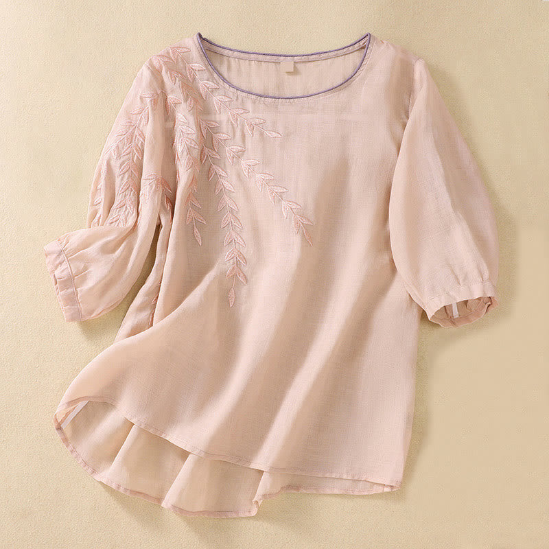Buddha Stones刺繍の葉柄レディースコットンリネン半袖Tシャツ - ミスティローズ - US8-10，UK/AU12-14，EU40-42 (2XL) - image 11