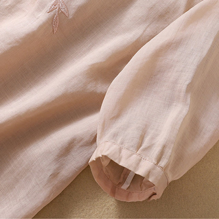 Buddha Stones刺繍の葉柄レディースコットンリネン半袖Tシャツ - image 18