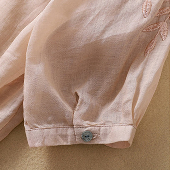 Buddha Stones刺繍の葉柄レディースコットンリネン半袖Tシャツ - image 16