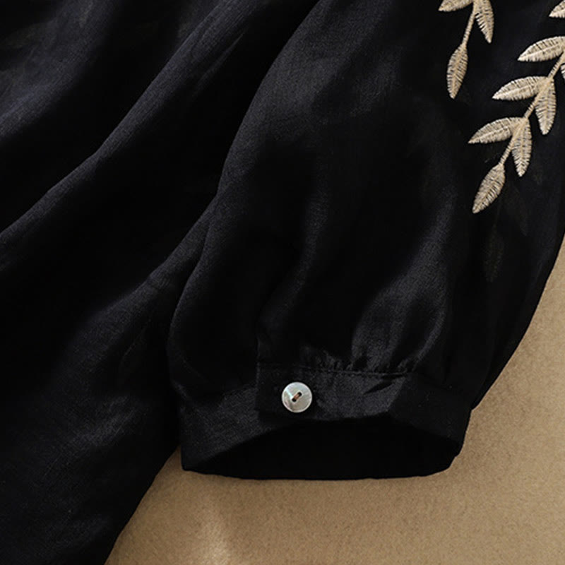 Buddha Stones刺繍の葉柄レディースコットンリネン半袖Tシャツ - image 26