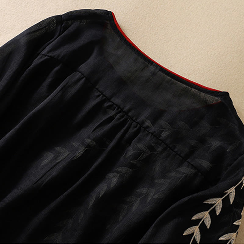 Buddha Stones刺繍の葉柄レディースコットンリネン半袖Tシャツ - image 25