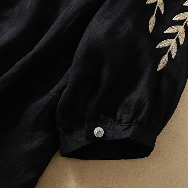 Buddha Stones刺繍の葉柄レディースコットンリネン半袖Tシャツ - image 26