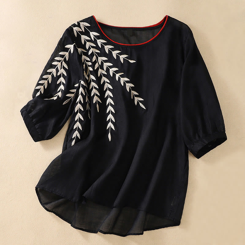 Buddha Stones刺繍の葉柄レディースコットンリネン半袖Tシャツ - 黒 - US8-10，UK/AU12-14，EU40-42 (2XL) - image 22