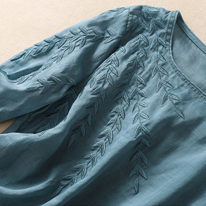 Buddha Stones刺繍の葉柄レディースコットンリネン半袖Tシャツ - image 34