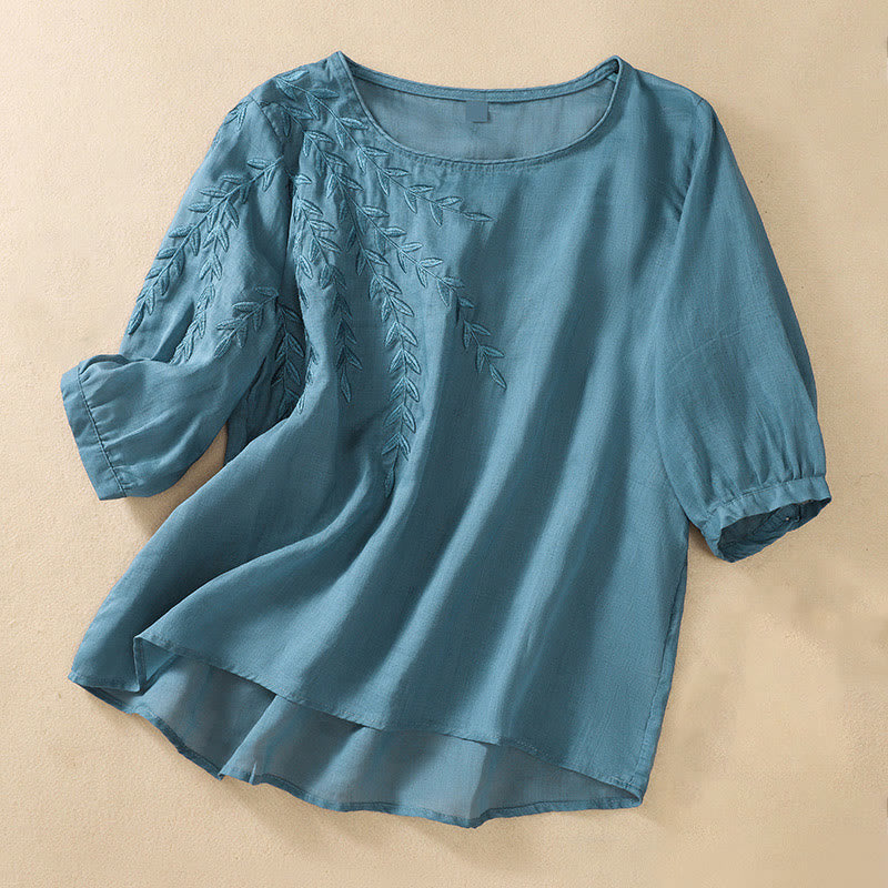 Buddha Stones刺繍の葉柄レディースコットンリネン半袖Tシャツ - スティールブルー - US8-10，UK/AU12-14，EU40-42 (2XL) - image 30