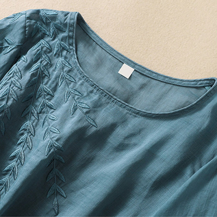 Buddha Stones刺繍の葉柄レディースコットンリネン半袖Tシャツ - image 32