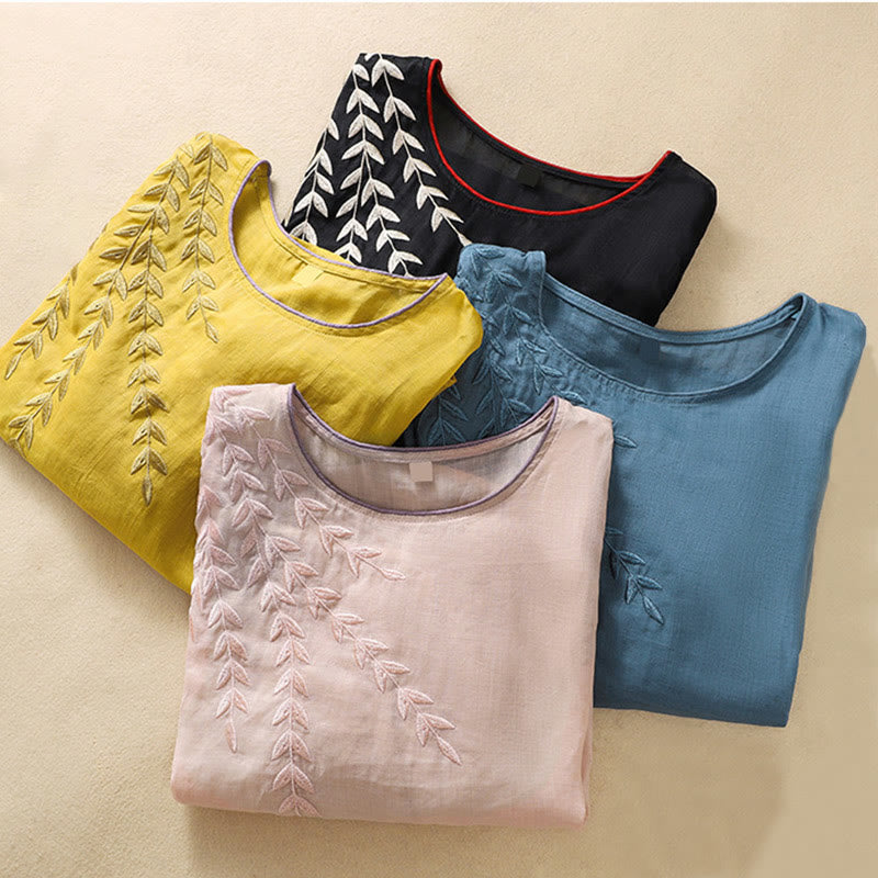 Buddha Stones刺繍の葉柄レディースコットンリネン半袖Tシャツ - image 37
