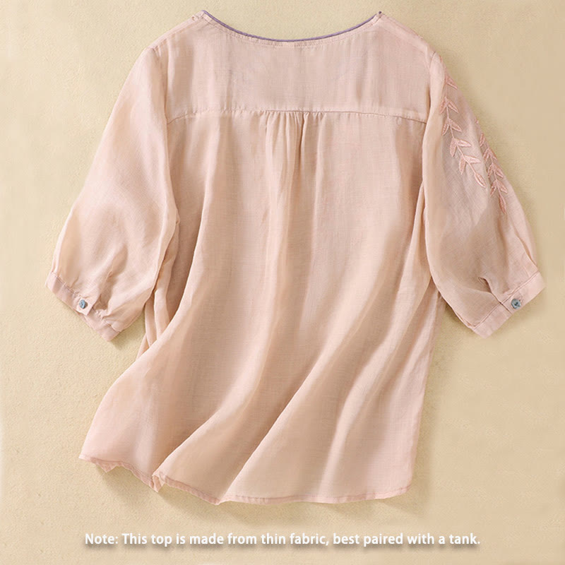 Buddha Stones刺繍の葉柄レディースコットンリネン半袖Tシャツ - image 12