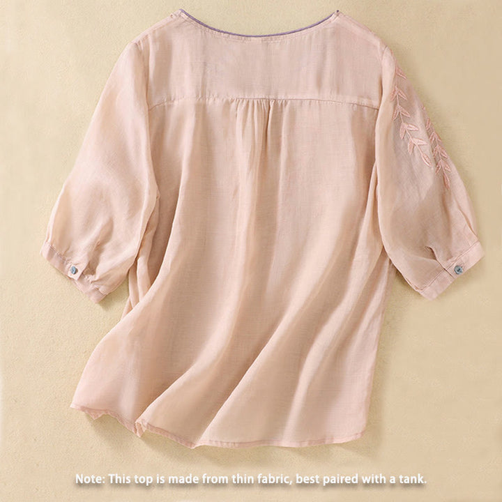 Buddha Stones刺繍の葉柄レディースコットンリネン半袖Tシャツ - image 12
